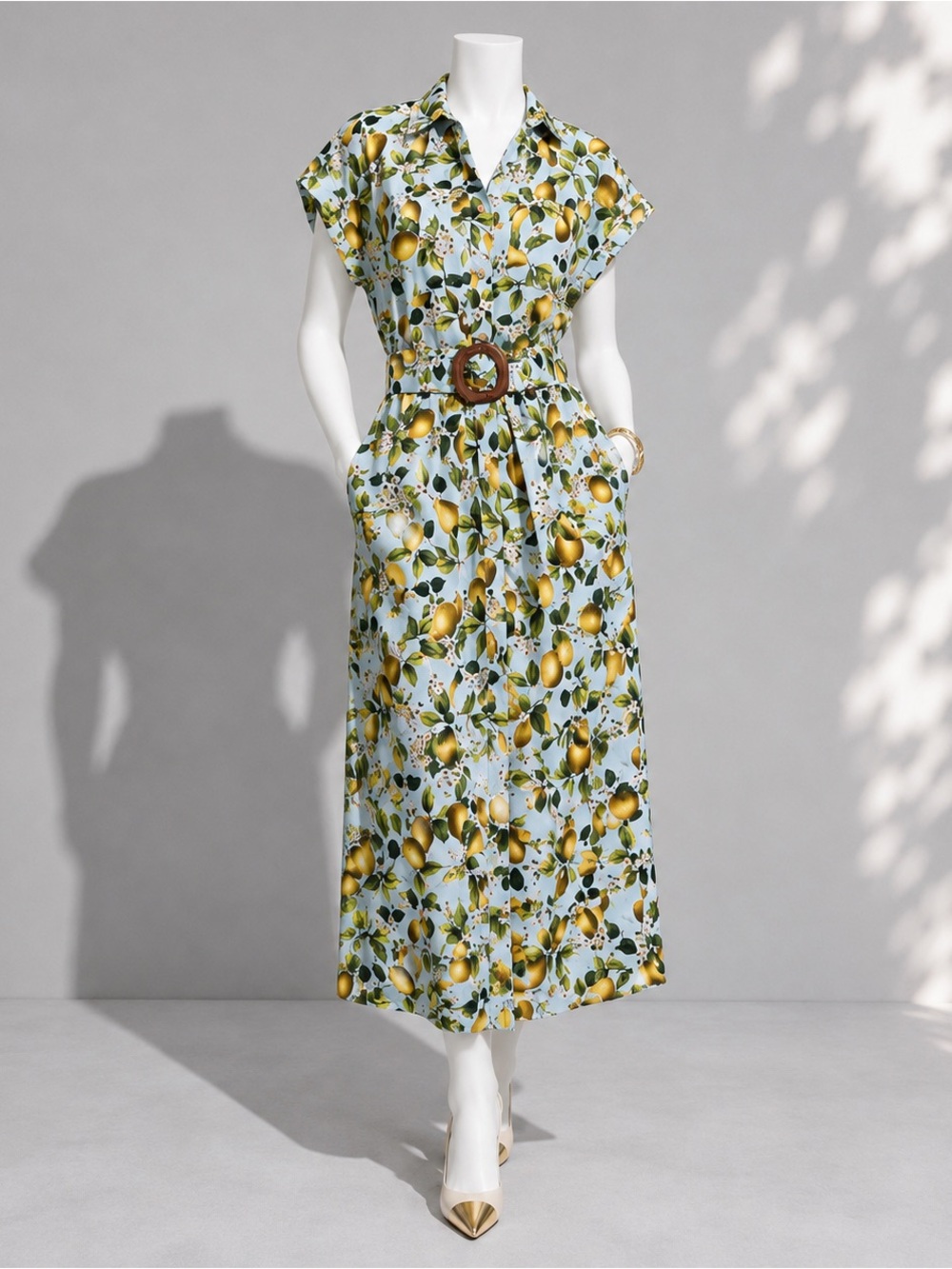 Zara Blue Yellow Pear Floral Fruit Print Cotton Midi Shirt Dress S Belted